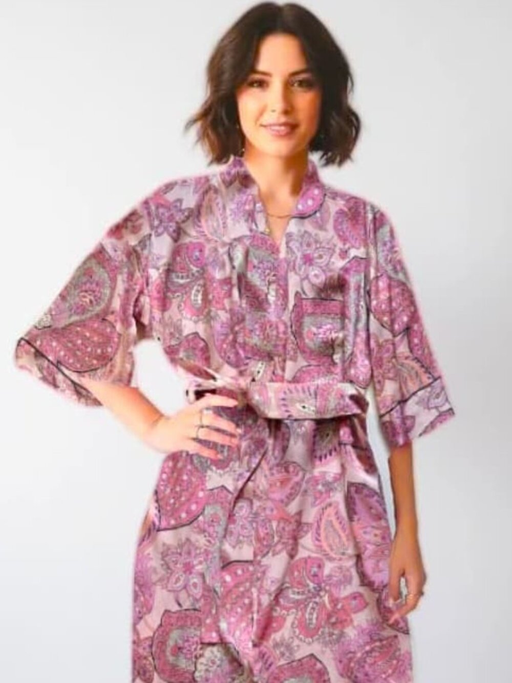 August Silk Robe Kimono Style 100% Silk Paisley Peach Pink PERFECT NEW no tags